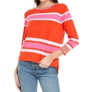 Cabi Striped Sweater Women M Orange Pink  3/4 Sleeve High-Low Knit Top